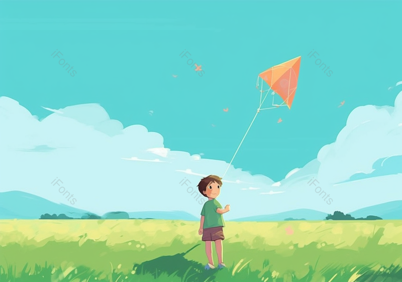 儿童节男孩回头在草原草地快乐地放风筝小清新插画,插画/手绘图,插画/手绘图库,插画/手绘图下载,插画/手绘